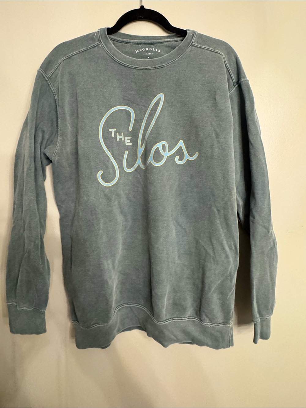 Magnolia Men's Crewneck Sweatshirt in Faded Teal with "The Silos" Script